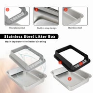 Disassembled stainless steel litter box showing hourglass pedal ventilation system