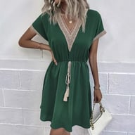 Lace-Trimmed V-Neck Waist-Cinching Dress | Casual Women's Fashion — view 2