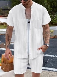 Men's Casual Stand Collar Ribbed Shirt & Shorts Set | Two-Piece — view 8