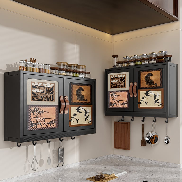 Interior view of wall-mounted cabinet with open doors showing moisture-resistant construction