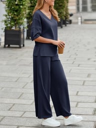 Women's 2 Piece Wide Leg Tracksuit Set | V Neck Casual Workout — view 11