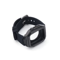 Black metal Apple Watch case with blue silicone band, disassembled view showing precision