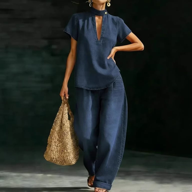 Full-length shot of woman in light blue faux denim set, darker tone