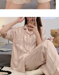 Womens Summer High-End Ice Silk Short-Sleeve Pajama Set 3 Pieces — view 3