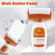Roller paint applicator covering children's drawings on white wall surface