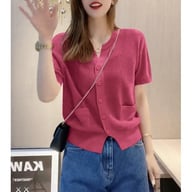 Womens Round-neck Blue Ice-silk Knitted T-shirt Top — view 19