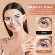 Smiling woman wearing white red light therapy eye massager glasses with before and after eye rejuvenation photos