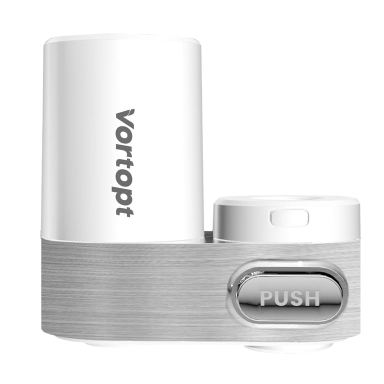 Close-up of All-English faucet filter brushed silver finish and construction