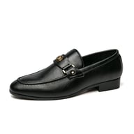 Black faux leather loafer with metal buckle, European style dress shoe