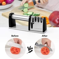 Ergonomic knife sharpener in use, slicing fresh vegetables with sharp blade