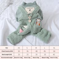 Assorted color dog jumpsuits with overalls showing leash attachment and decorative details