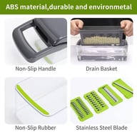 Stainless steel blades and safety hand guard features of food dicer slicer