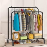 Heavy duty double garment rack with thickened steel pipe construction and reinforced base