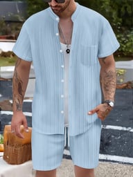 Men's Casual Stand Collar Ribbed Shirt & Shorts Set | Two-Piece — view 16
