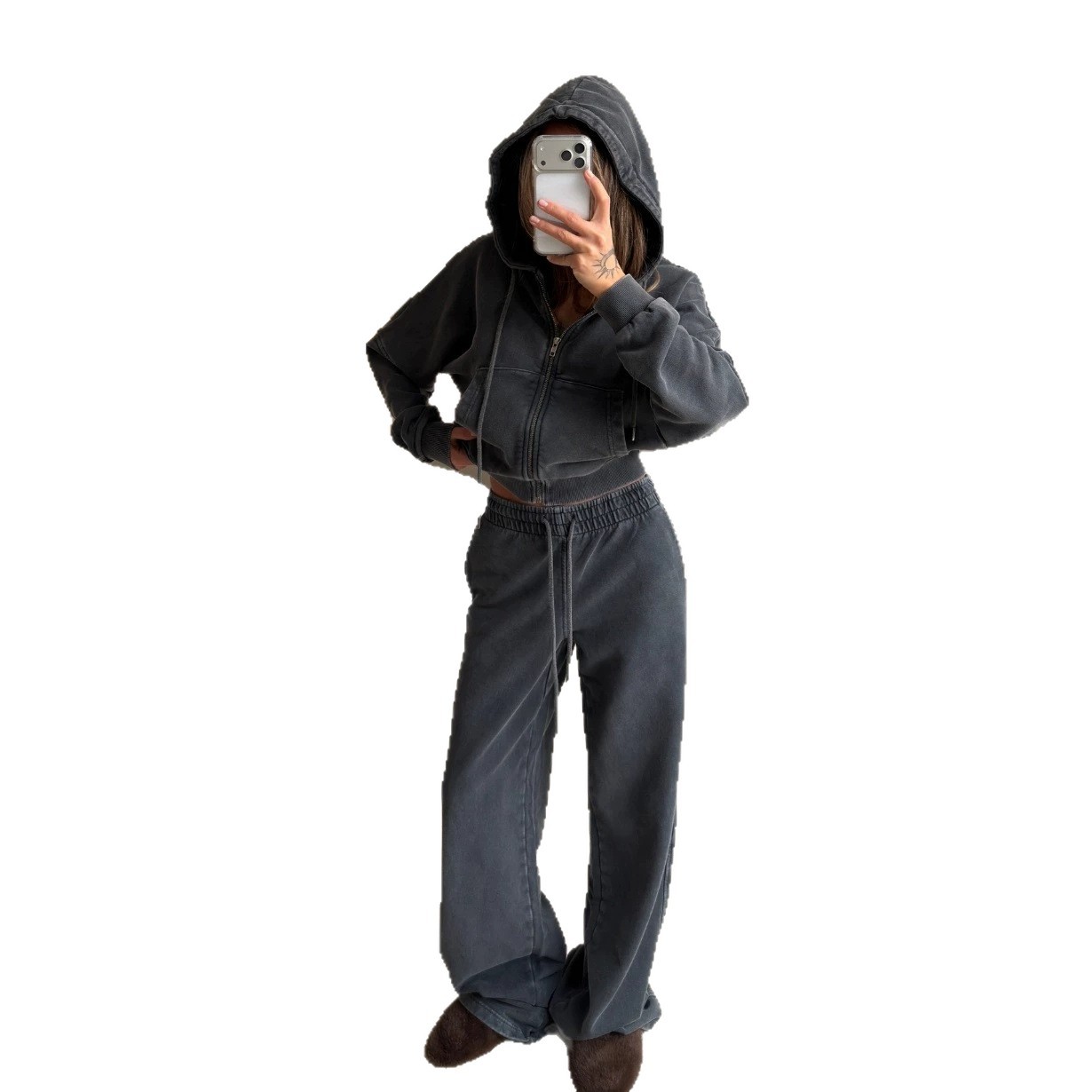 Womens Washed Hoodie Two-piece Set