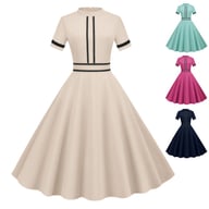 Vintage stand-collar maxi party dress available in beige, pink, teal, navy colors