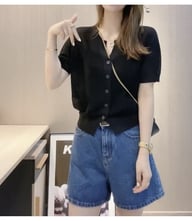 Womens Round-neck Blue Ice-silk Knitted T-shirt Top — view 12