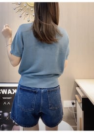 Womens Round-neck Blue Ice-silk Knitted T-shirt Top — view 15