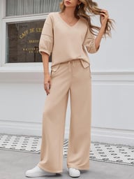 Women's 2 Piece Wide Leg Tracksuit Set | V Neck Casual Workout — view 17