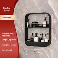 White adhesive wall-mounted bathroom shelf showing installation and dimensions