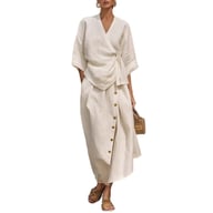 Women's Casual Loose Skirt Two-Piece Set | Linen Wrap Top & Button Skirt — view 7