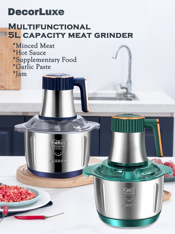 Close-up of stainless steel blades and sausage maker attachment accessories
