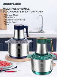 Two electric meat grinder models showing stainless steel construction and color options