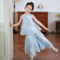 Girls' Blue Floral Two-Piece Vest Top Set | Chinese-Inspired — view 10