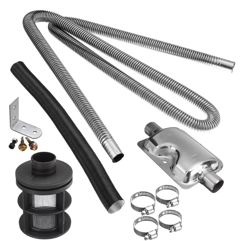 Close-up of 24mm exhaust silencer and 25mm air filter components showing quality construction