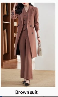 Full-length view of women's brown three-piece suit showing vest and trousers