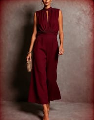 Burgundy elegant two-piece set with high-waisted cropped pants on model