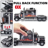 Diecast truck toy showing pull-back function and openable doors and hood features