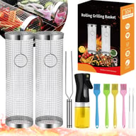 Rolling grilling basket set with accessories including oil sprayer and basting brushes