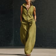 Woman wearing olive green sleeveless stand collar linen cotton two-piece set with relaxed fit