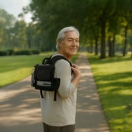 Senior man walking with portable oxygen concentrator backpack in park