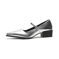 Silver Mary Jane shoe with pointed toe, chunky block heel, and buckle closure