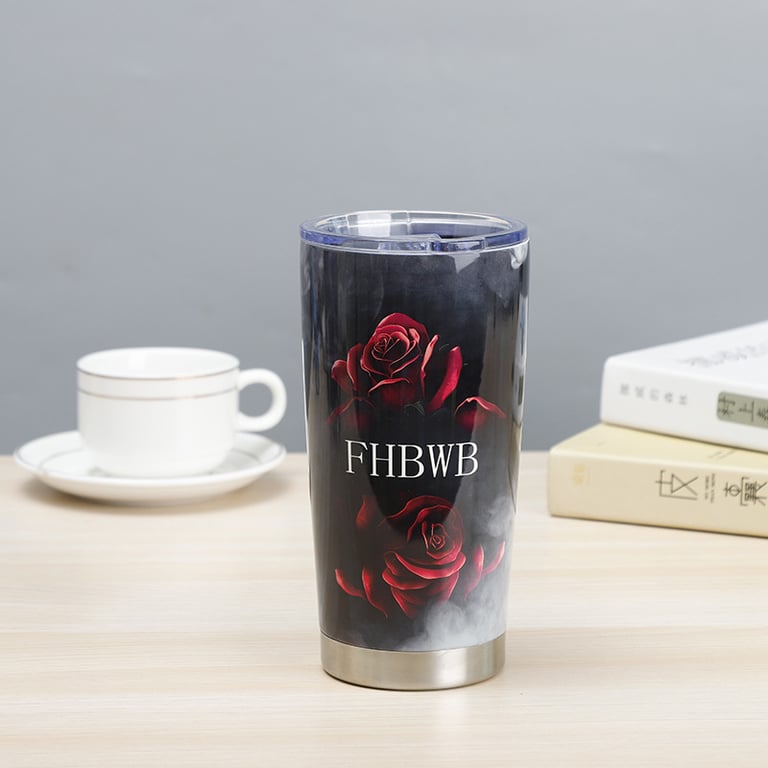 Ice bully tumbler on wooden desk, no condensation visible, clean workspace