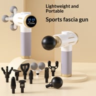 Electric massage gun with digital display showing 99 settings and multiple specialized massage heads