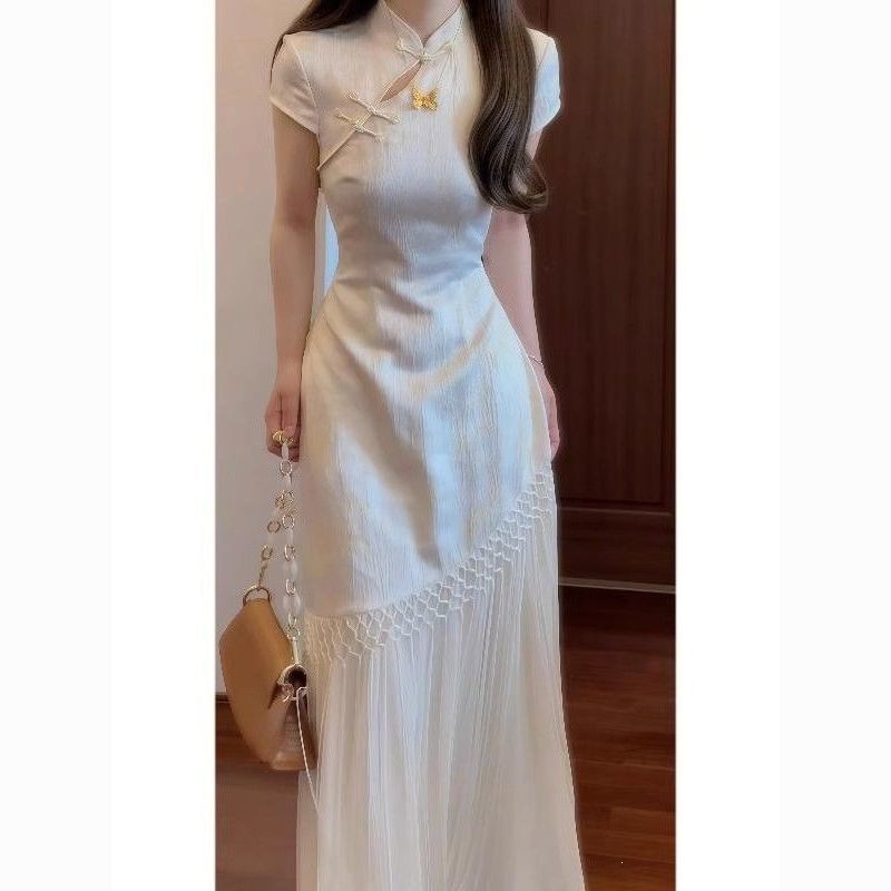 Chinese-Style Cheongsam Dress for Women | Elegant Cream Qipao