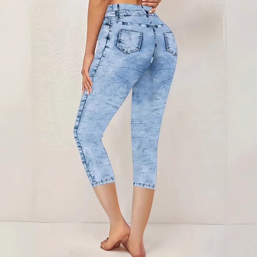 Denim-Look High-Stretch Capri Leggings | Summer High-Waisted Tight-Fit