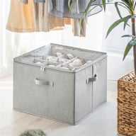 Gray fabric shoe storage box with dividers and zippered lid for shoe organization