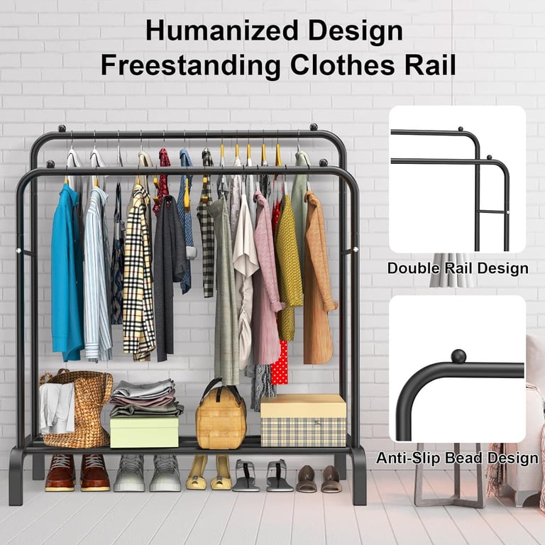 Close-up of reinforced steel construction and non-slip floor protection on garment rack