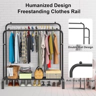 Freestanding clothes display stand with anti-slip floor protection and adjustable height extension