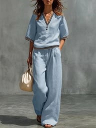Cotton-Linen V-Neck Shirt & Pants Set | Casual Comfort — view 8