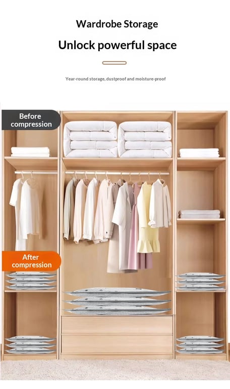 Stacked vacuum compression storage bags organized by season and clothing type