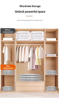 Before and after wardrobe storage using vacuum compression bags organization