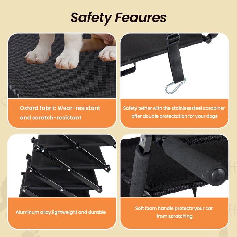 Close-up of aluminum frame and durable non-slip fabric dog stair construction
