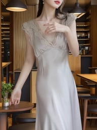 Slim-Fit French-Style Ice-Silk Long Nightgown | Lace Trim — view 9