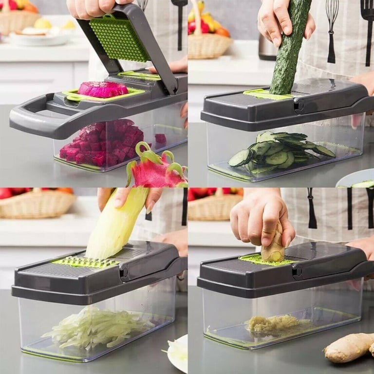 All 15 blades and attachments displayed with various vegetable cuts