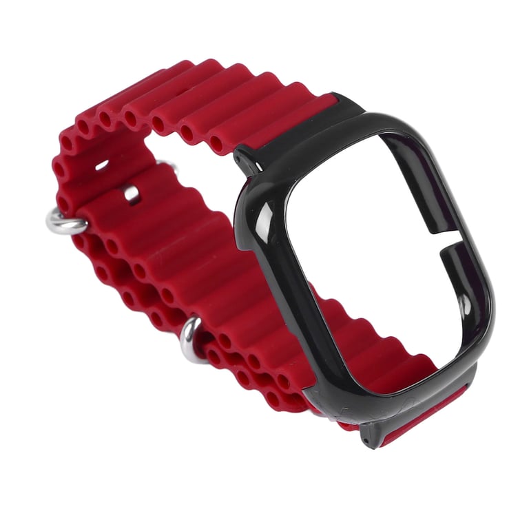 Close-up of wine red silicone with breathable ridge design and metal clasp